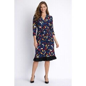 Anne Klein Abstract Print Faux Wrap Dress Blue Multicolor Ruffle Hem Size 12